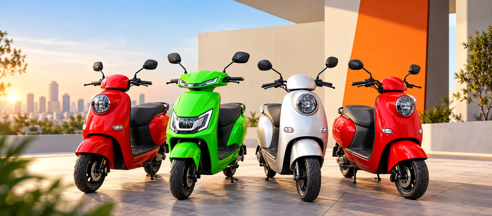 Piton electric scooter lineup at sunset with city skyline
